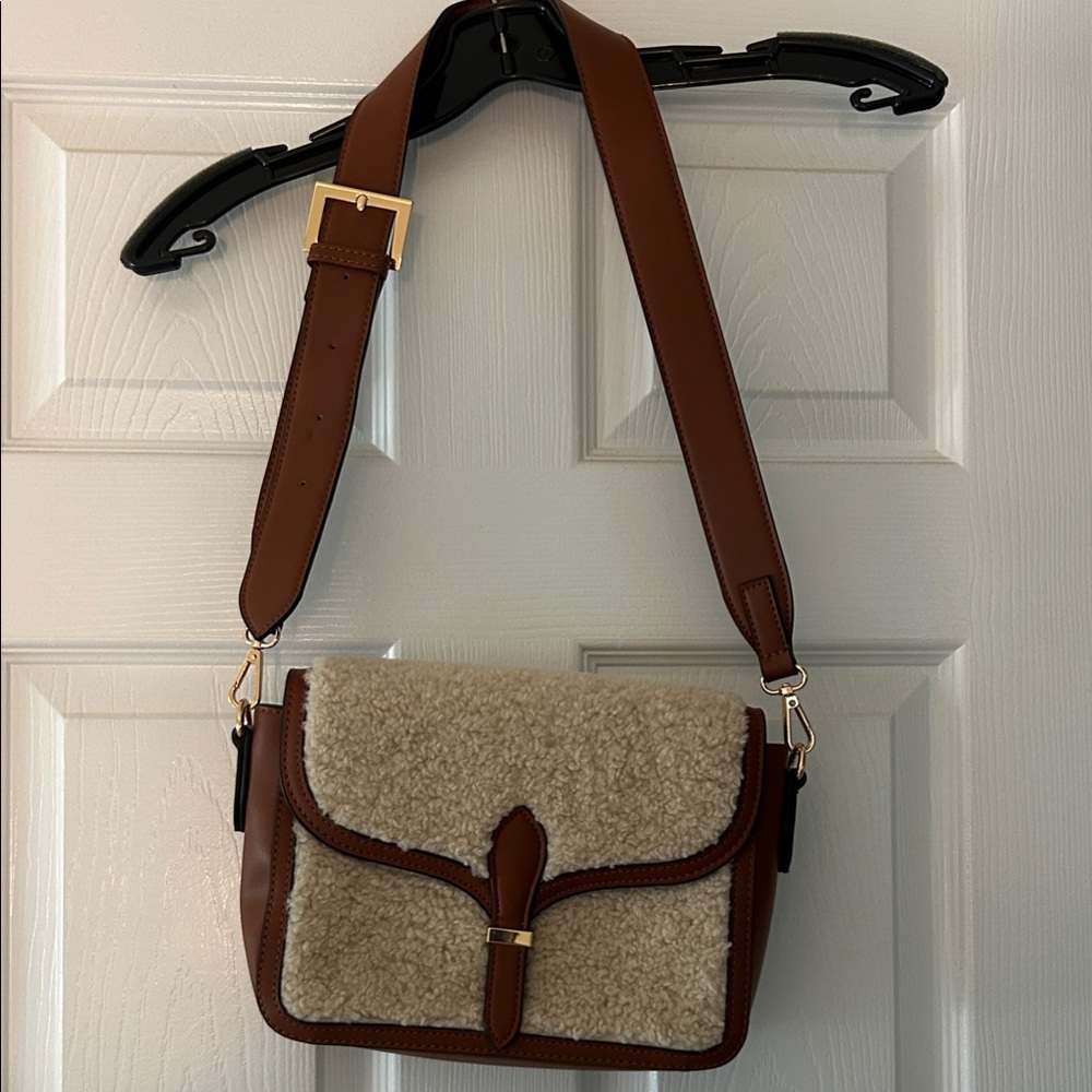 Brown and Cream Shearling Crossbody Bag